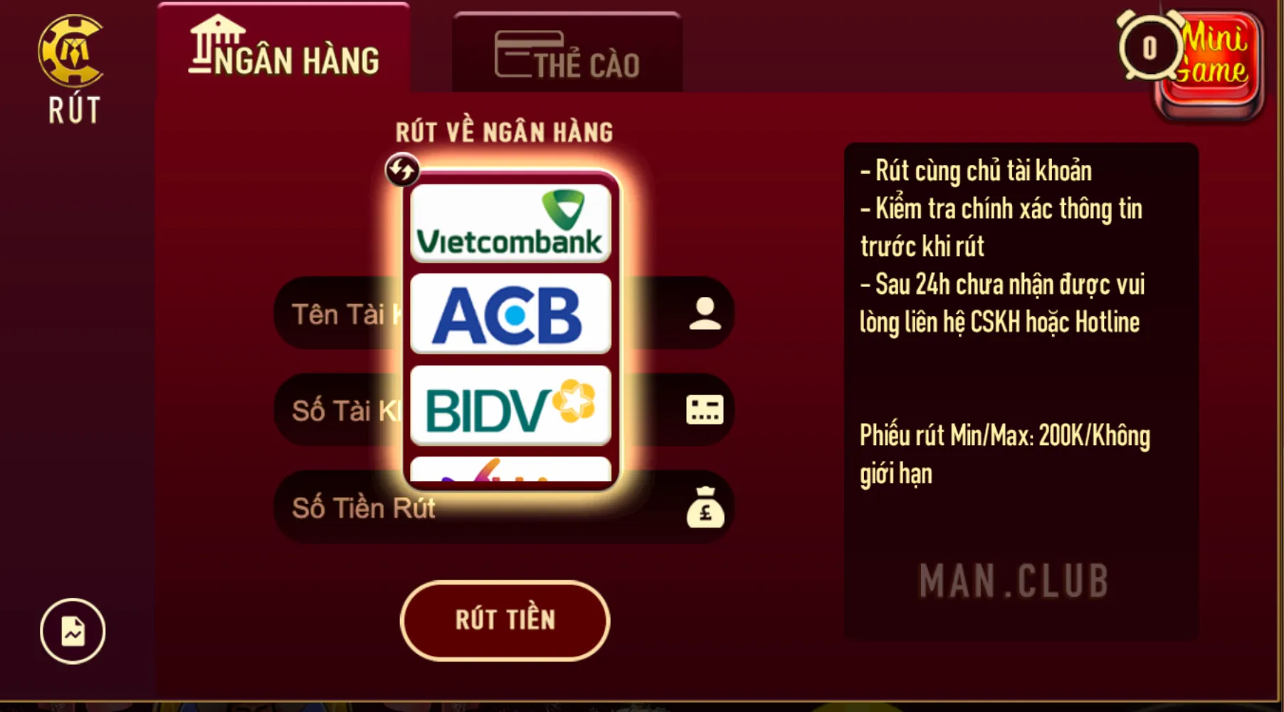 Manclub không thu phí rút tiền